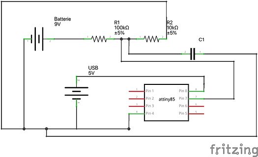 Schaltplan mit Batterie, Widerständen, Kondensator und attiny85