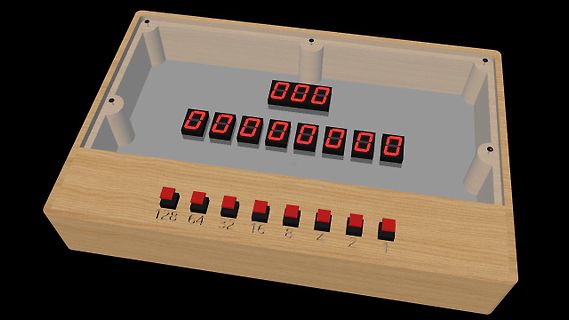 3D-Modell eines binären Zählers mit 7-Segment-Anzeigen