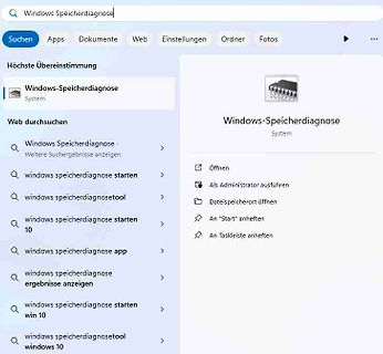 Windows-Suchergebnisse für Windows-Speicherdiagnose