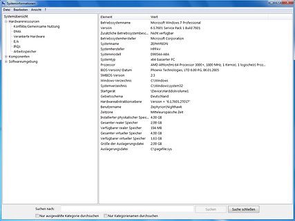 Systeminformationen von Windows 7 Professional