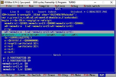 DOSBox Pascal Code Editor mit Debugger-Ansicht