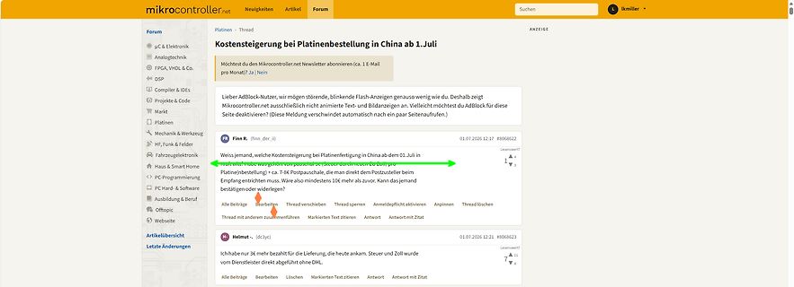 Screenshot eines Forenbeitrags auf mikrocontroller.net
