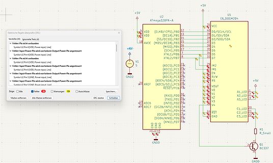 Schaltplan mit ERC-Fehlermeldungen in KiCad