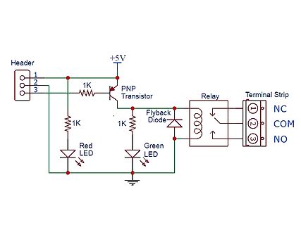 Schaltplan mit PNP-Transistor, Relais und LEDs