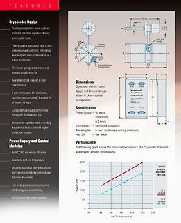 Datenblattseite eines Cryocoolers mit technischen Spezifikationen und Diagramm