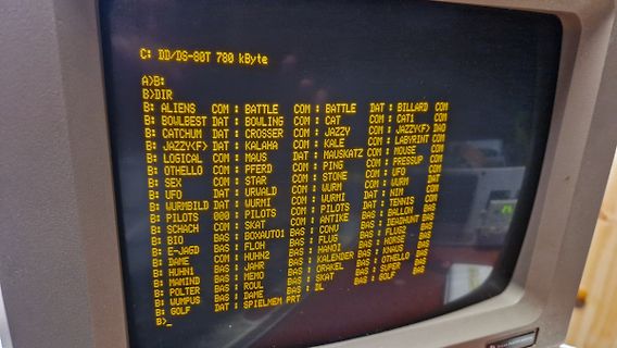 Abfotografierter Retro-Computerbildschirm mit Dateiliste