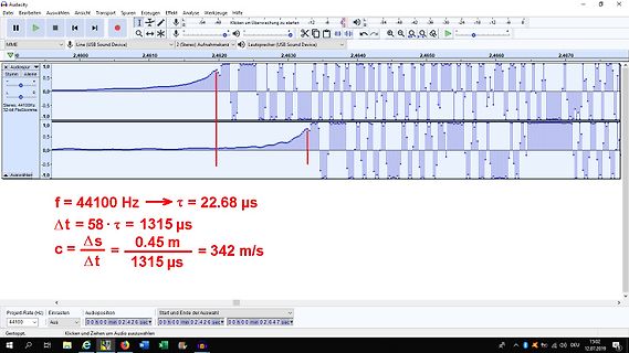 Audacity Screenshot mit Wellenform und Berechnungen
