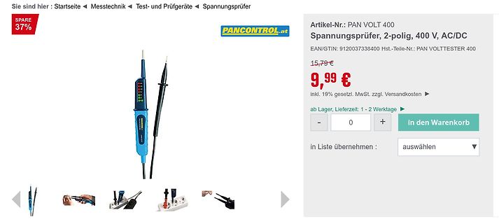Webshop-Produktseite eines Spannungsprüfers