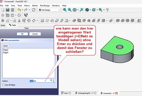FreeCAD Software mit Fillet-Parameter-Dialog