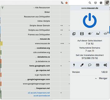 Screenshot eines Browser-Adblockers mit blockierten Ressourcen