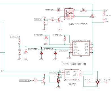 Schaltplan mit Motor Driver, Power Monitoring und Relais