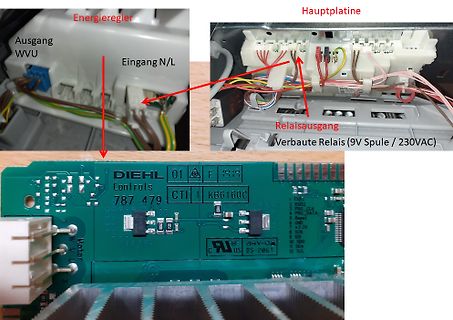 Fotos einer Hauptplatine und Leiterplatte mit Beschriftungen