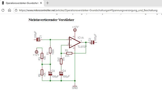 Schaltplan eines nichtinvertierenden Verstärkers