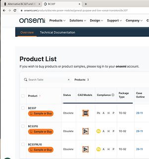 Produktliste der onsemi Webseite für BC337 Transistoren