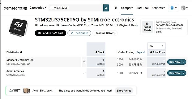 Webseite eines Elektronik-Distributors für STM32U375CET6Q