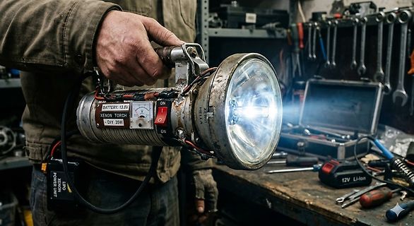 Hand hält eine selbstgebaute Xenon-Taschenlampe in Werkstatt