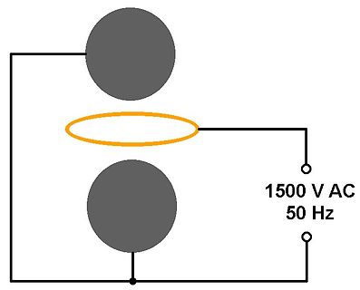Schaltplan einer Induktionsspule mit zwei Magnetkernen