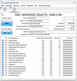 CrystalDiskInfo S.M.A.R.T. Werte einer Festplatte