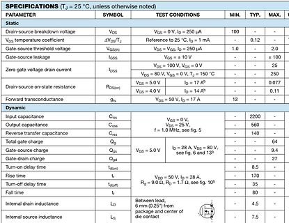 Tabelle mit technischen Spezifikationen eines Bauteils