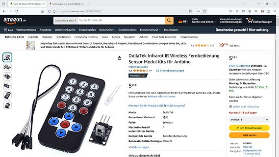 Amazon Produktseite für Dollatek Infrarot IR Wireless Sensor Modul Kits
