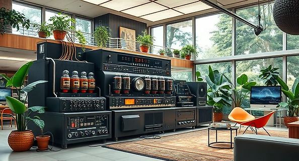 High-End Röhrenverstärker und Audio-Komponenten in modernem Wohnzimmer