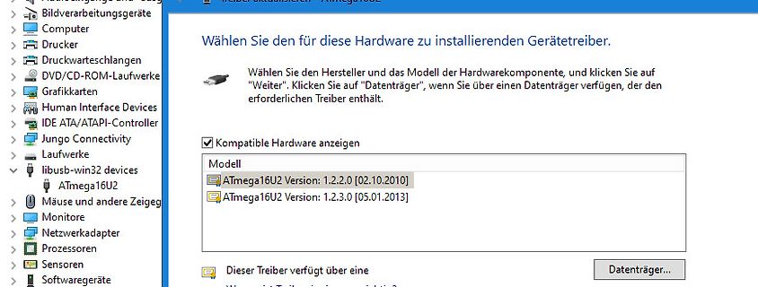 Windows Treiberinstallations-Dialog für Atmega16U2