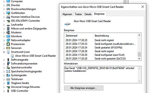 Windows Eigenschaften-Fenster Alcor Micro USB Smart Card Reader