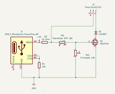 Schaltplan mit USB-C, NTC-Thermistor und MOSFET