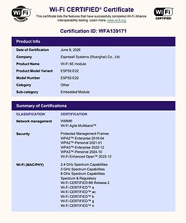 Wi-Fi CERTIFIED Certificate für Espressif ESP32-E22