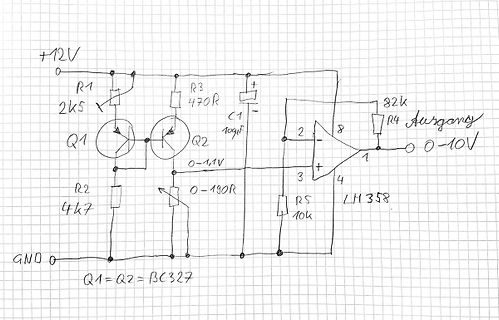 Handgezeichneter Schaltplan mit Transistoren und LM358