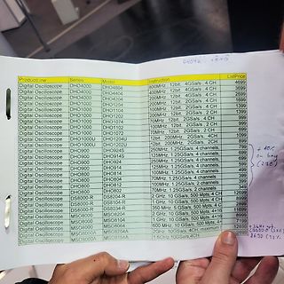 Ausgedruckte Tabelle mit Oszilloskop-Modellen und Preisen