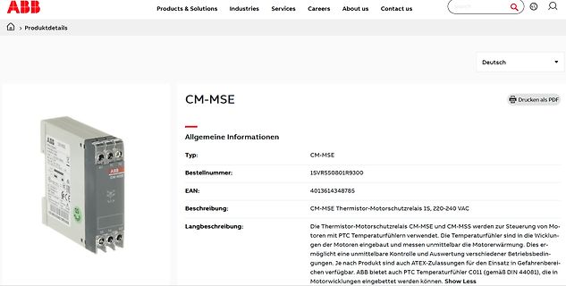 Screenshot einer ABB Produktseite für CM-MSE Relais