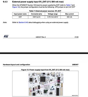 Datenblatt Ausschnitt STM32 Nucleo-144 externe Stromversorgung