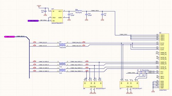 Schaltplan eines USB-Anschlusses mit IC5 und X2