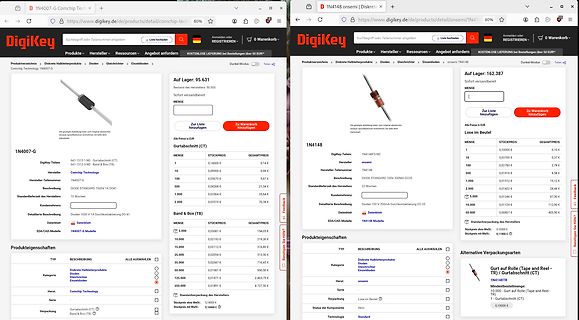 Webshop-Ansicht von DigiKey für Dioden