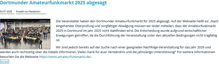 Screenshot einer Nachricht über die Absage des Dortmunder Amateurfunkmarkts 2025