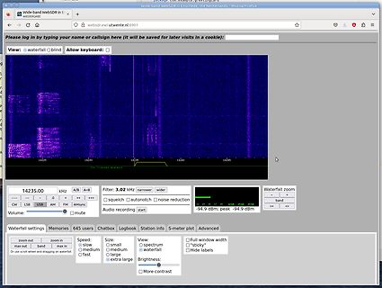 Screenshot einer WebSDR-Software mit Wasserfallanzeige