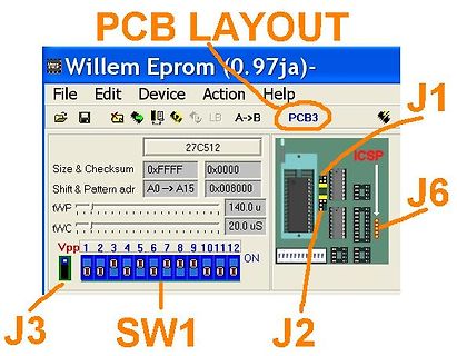 Screenshot einer Software zur EPROM-Programmierung mit Beschriftungen