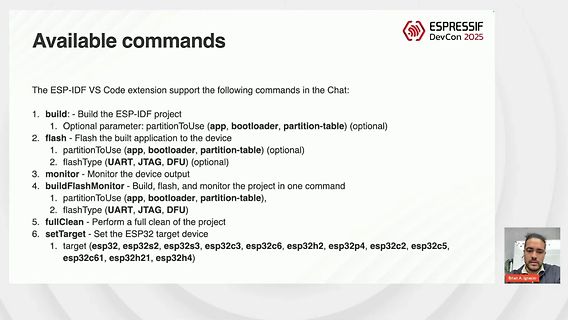 Präsentationsfolie über verfügbare ESP-IDF VS Code Befehle