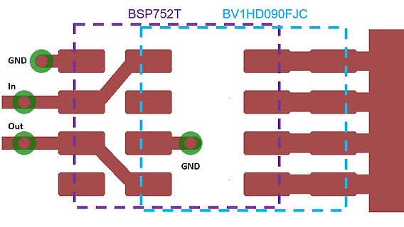 PCB-Layout Ausschnitt mit Leiterbahnen und Beschriftungen