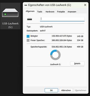 Windows Eigenschaften-Fenster eines USB-Laufwerks