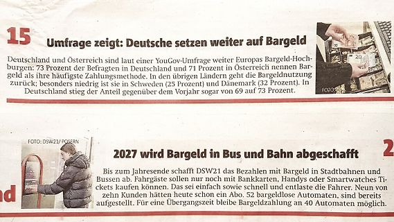 Zeitungsartikel über Bargeldnutzung und Abschaffung in Bus und Bahn
