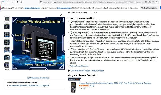 Amazon Produktseite eines USB-Kabeltesters