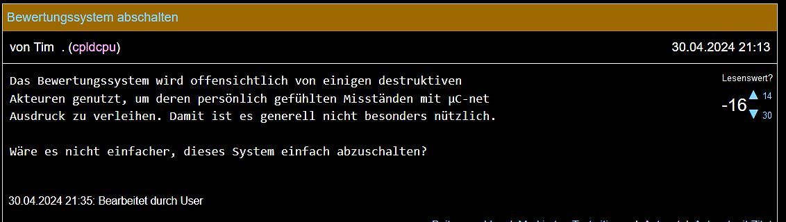 Forenbeitrag über die Abschaltung des Bewertungssystems