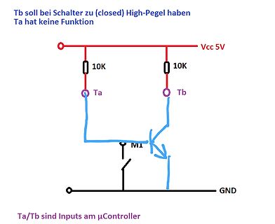 Handgezeichneter Schaltplan mit Transistor und Pullup-Widerständen