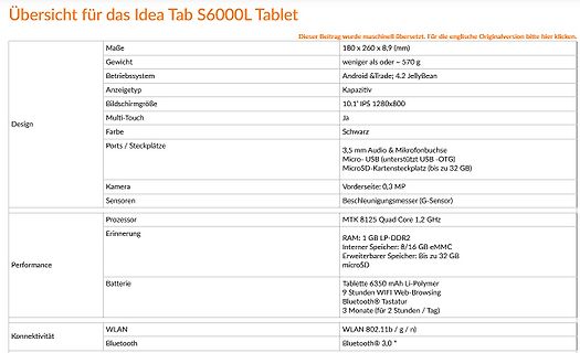 Technische Daten Übersicht Idea Tab S6000L Tablet