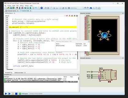 Screenshot der Proteus Software mit Python-Code und Schaltplan