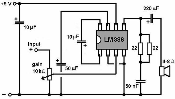Schaltplan eines Audio-Verstärkers mit LM386