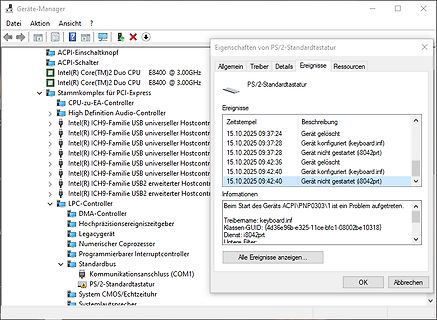 Windows Geräte-Manager mit Eigenschaften einer PS/2-Tastatur