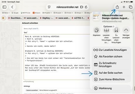 Screenshot eines Webbrowser-Menüs auf einem Smartphone